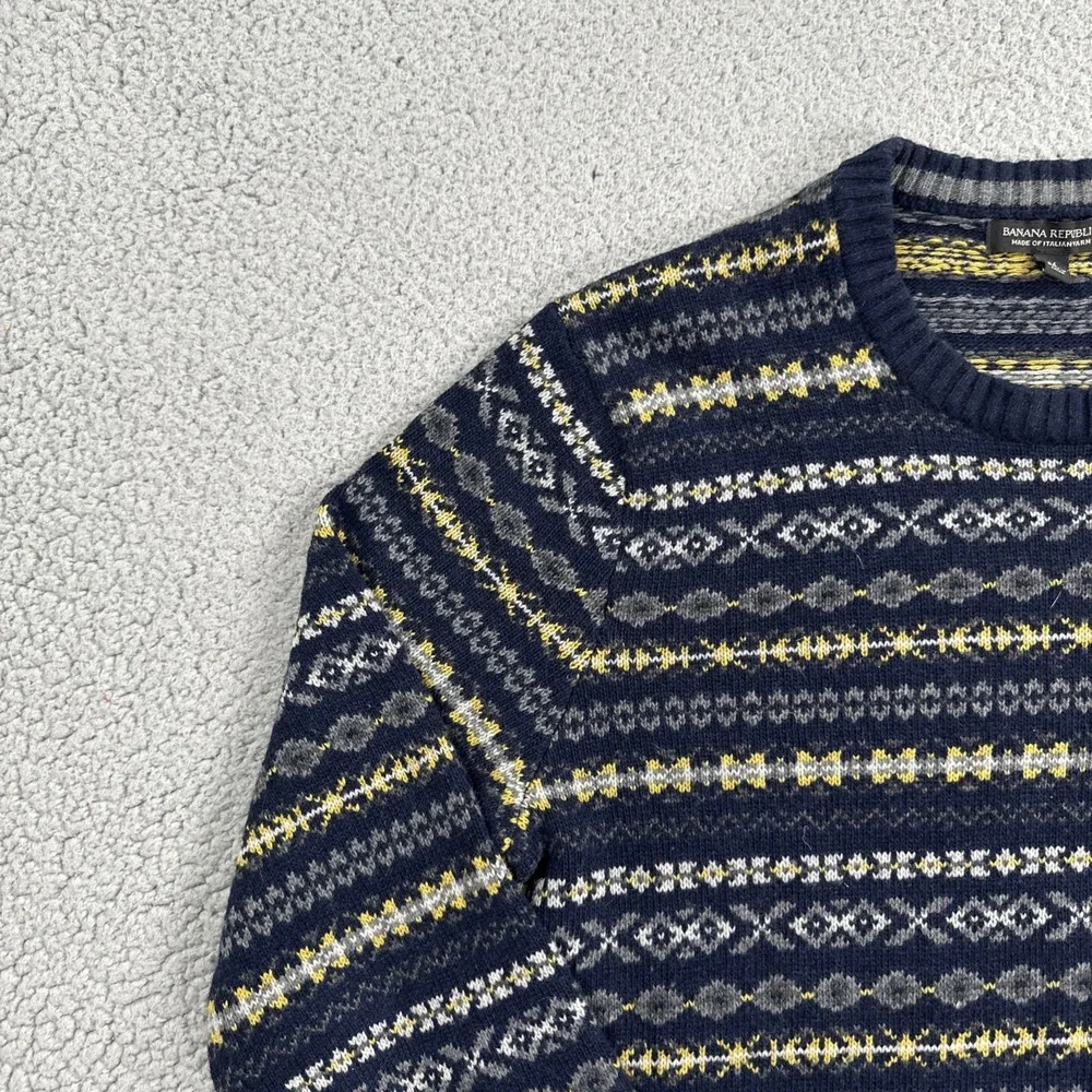 Banana Republic Sweater Men Medium Blue Fair Isle Striped Italian Yarn Wool